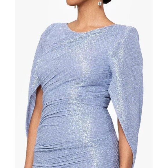 Betsy & Adam Size Size 12 Petite Blue Metallic Cape cocktail formal Gown Dress - Picture 3 of 11